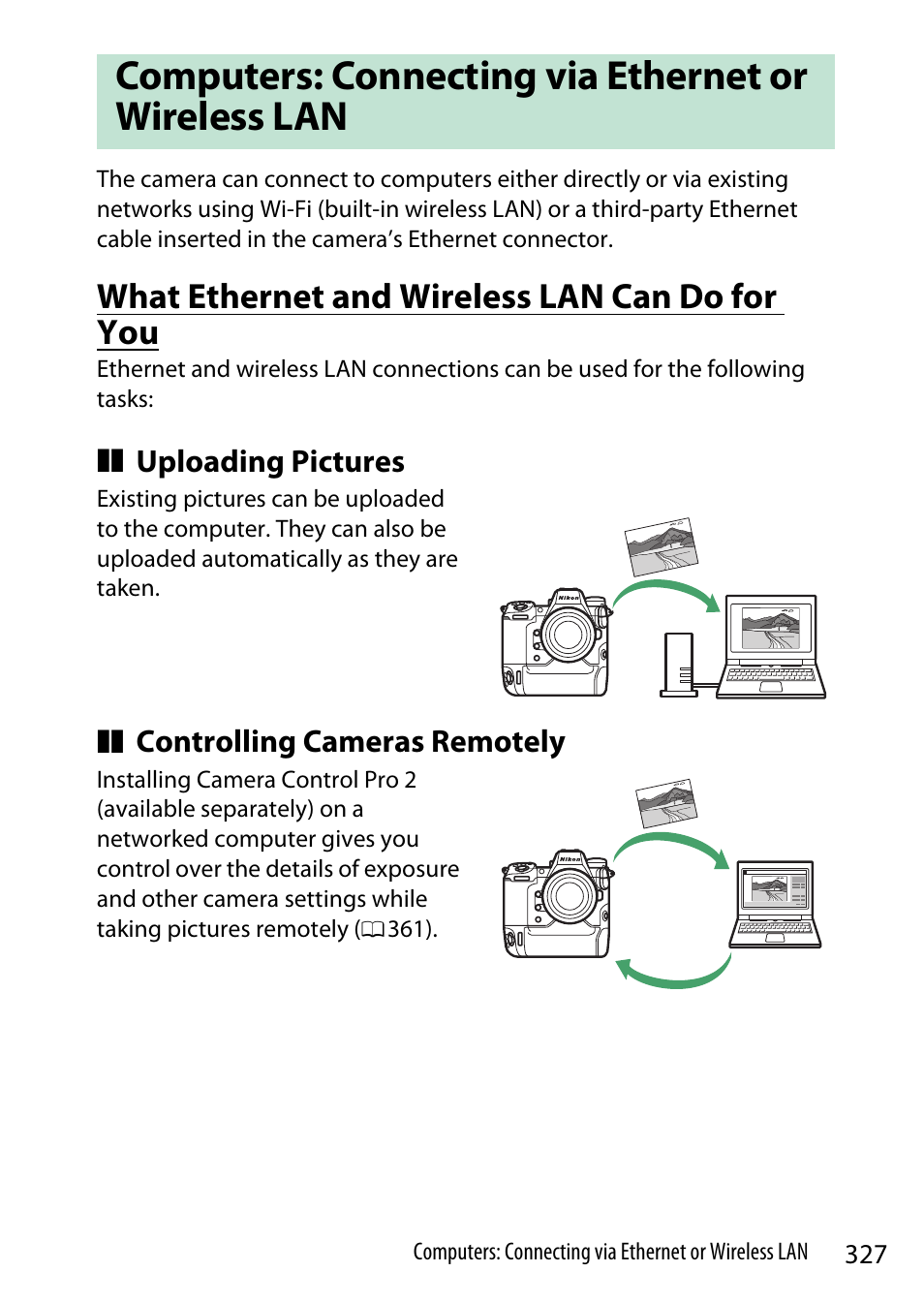 Computers: connecting via ethernet or wireless lan, What ethernet and wireless lan can do for you | Nikon Z9 Mirrorless Camera User Manual | Page 327 / 914