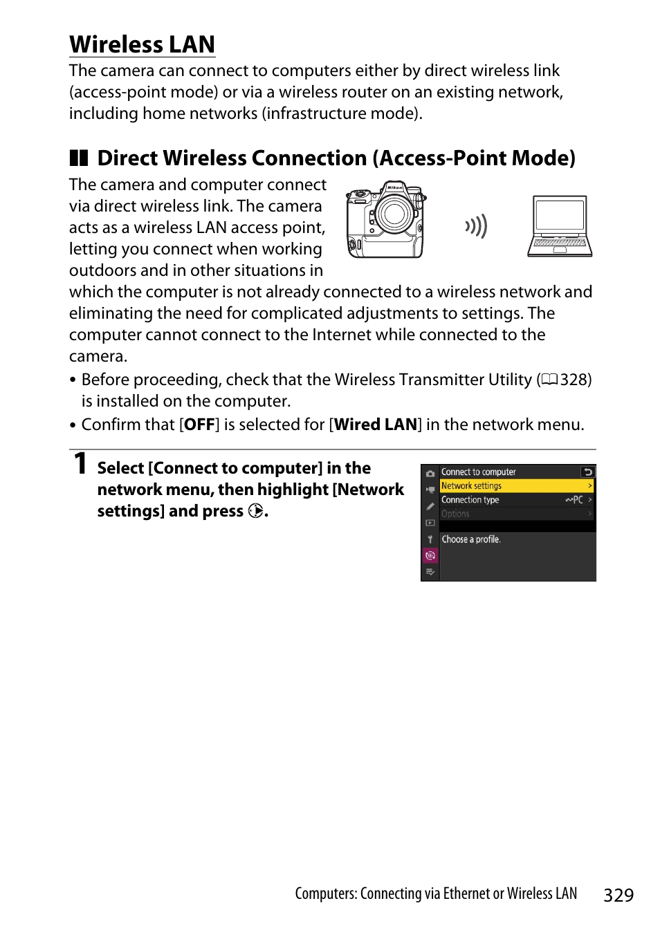 Wireless lan, Direct wireless connection (access-point mode) | Nikon Z9 Mirrorless Camera User Manual | Page 329 / 914