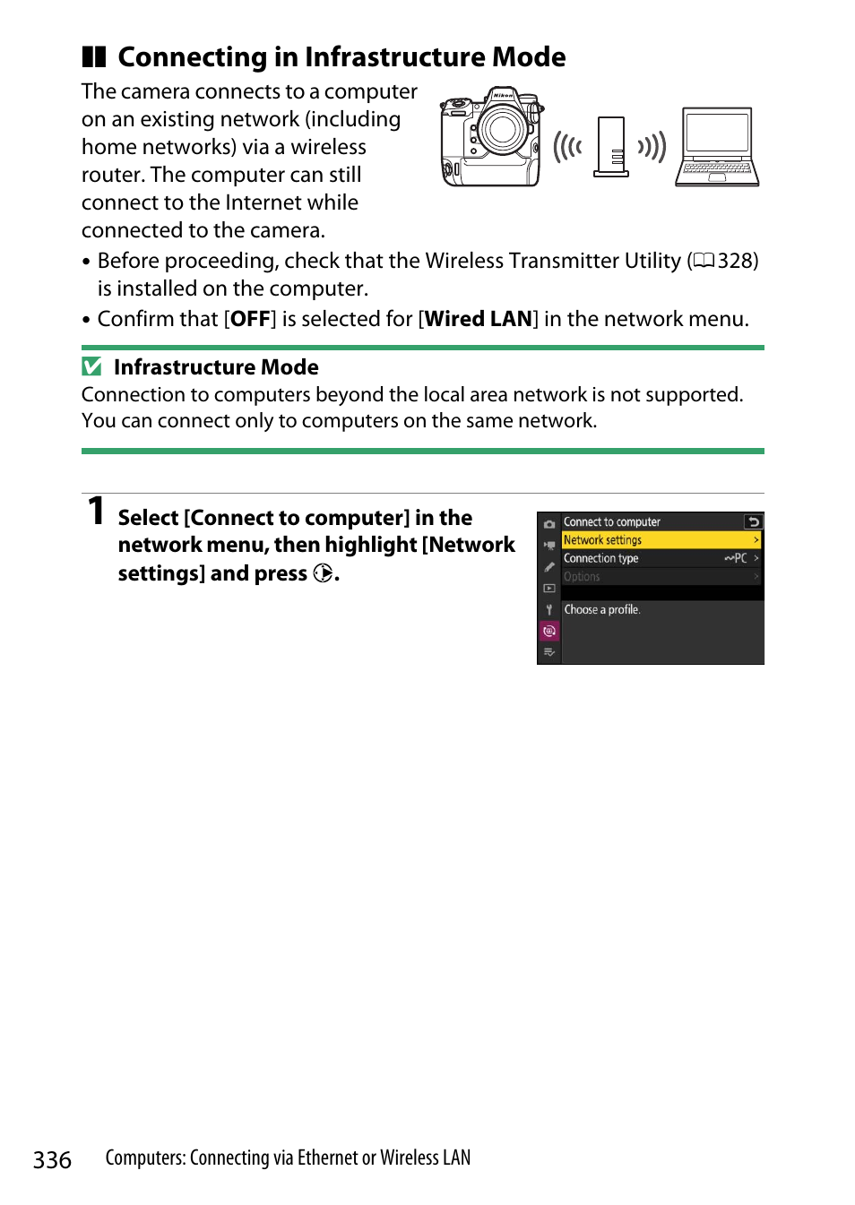 Connecting in infrastructure mode | Nikon Z9 Mirrorless Camera User Manual | Page 336 / 914