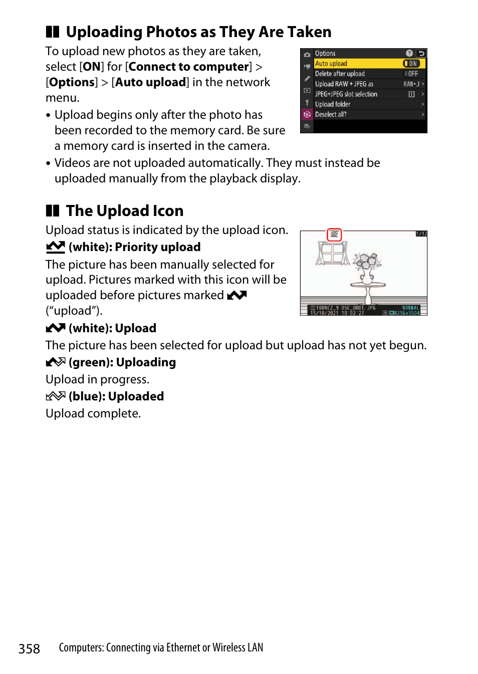 Uploading photos as they are taken, The upload icon | Nikon Z9 Mirrorless Camera User Manual | Page 358 / 914