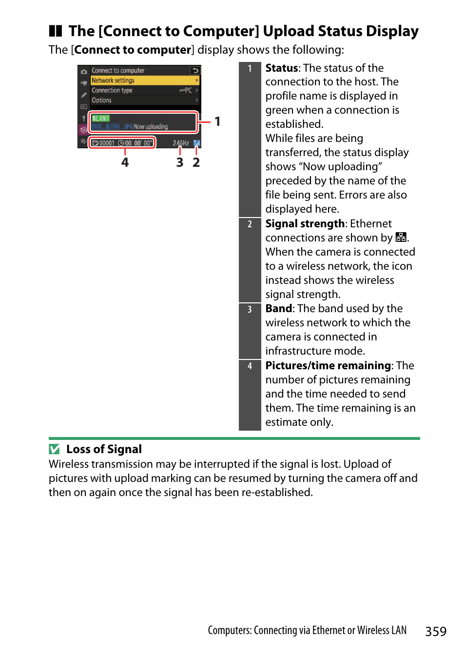 The [connect to computer] upload status display | Nikon Z9 Mirrorless Camera User Manual | Page 359 / 914