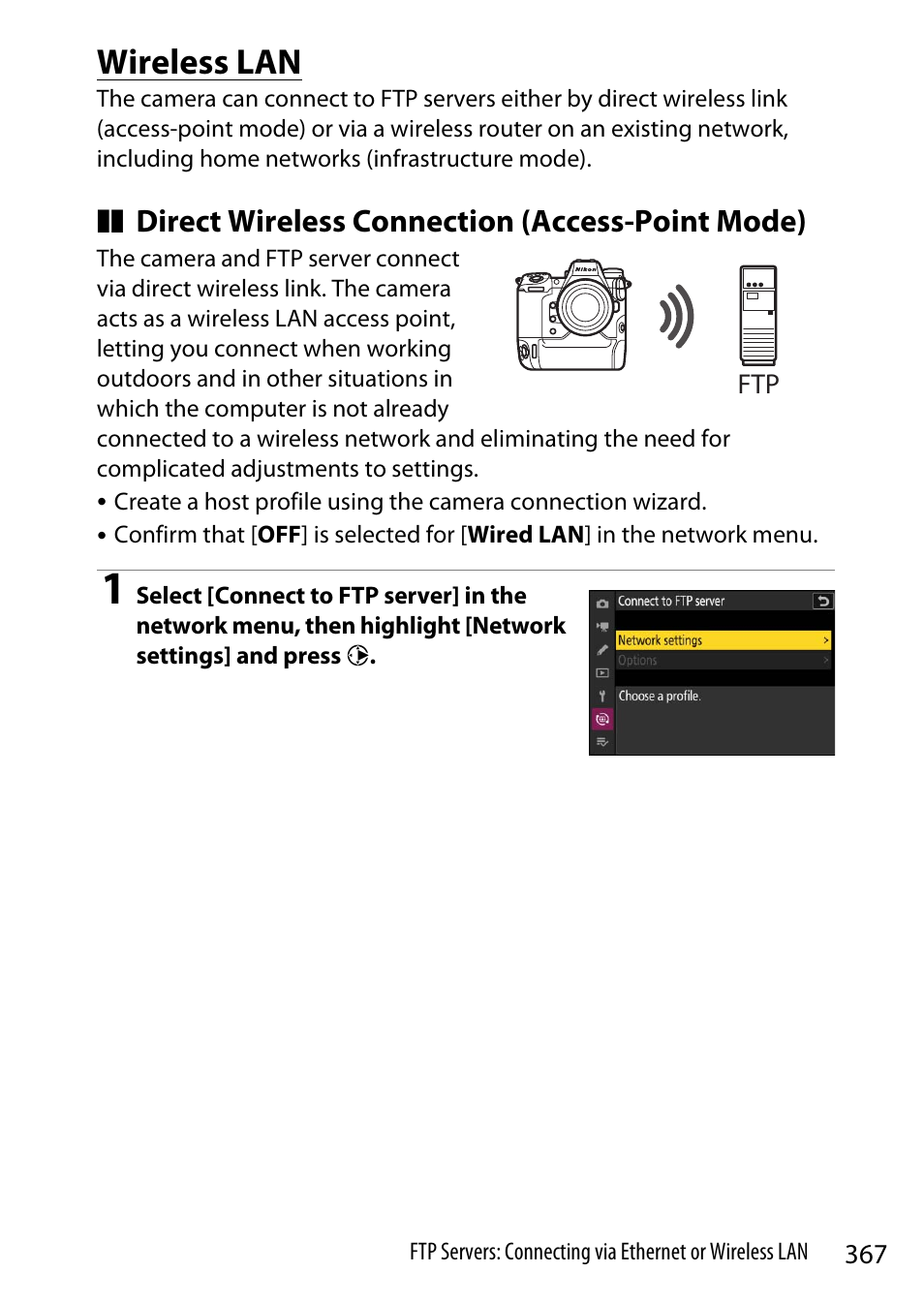 Wireless lan, Direct wireless connection (access-point mode) | Nikon Z9 Mirrorless Camera User Manual | Page 367 / 914