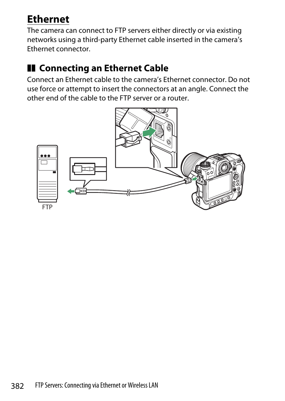 Ethernet, Connecting an ethernet cable | Nikon Z9 Mirrorless Camera User Manual | Page 382 / 914