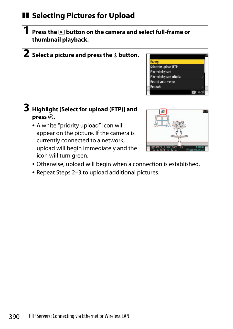 Selecting pictures for upload | Nikon Z9 Mirrorless Camera User Manual | Page 390 / 914