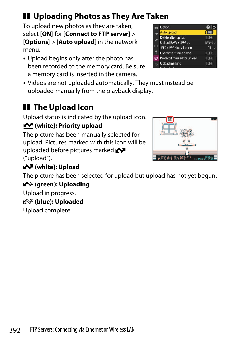 Uploading photos as they are taken, The upload icon | Nikon Z9 Mirrorless Camera User Manual | Page 392 / 914