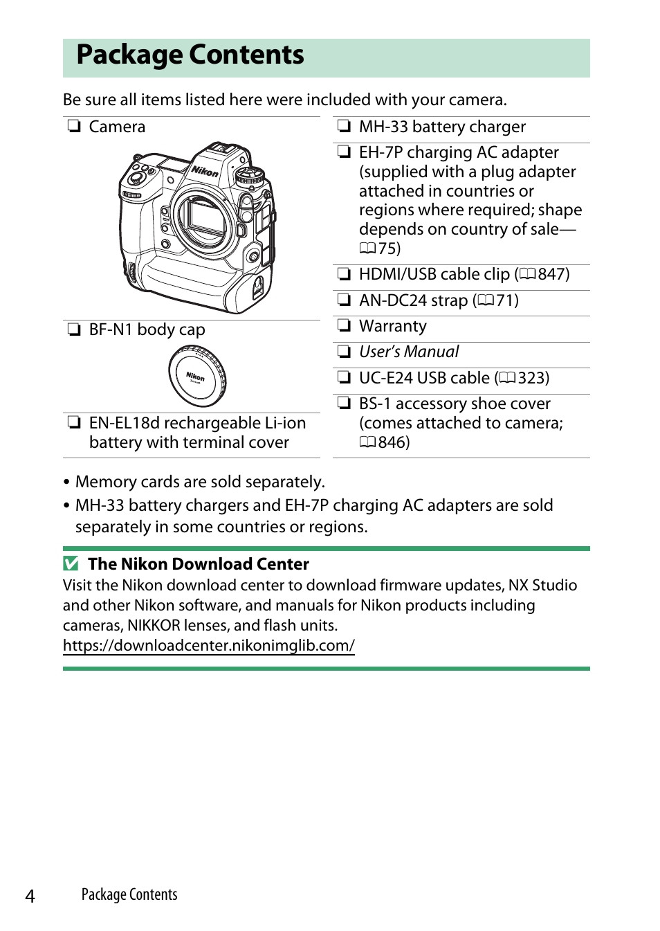 Package contents | Nikon Z9 Mirrorless Camera User Manual | Page 4 / 914