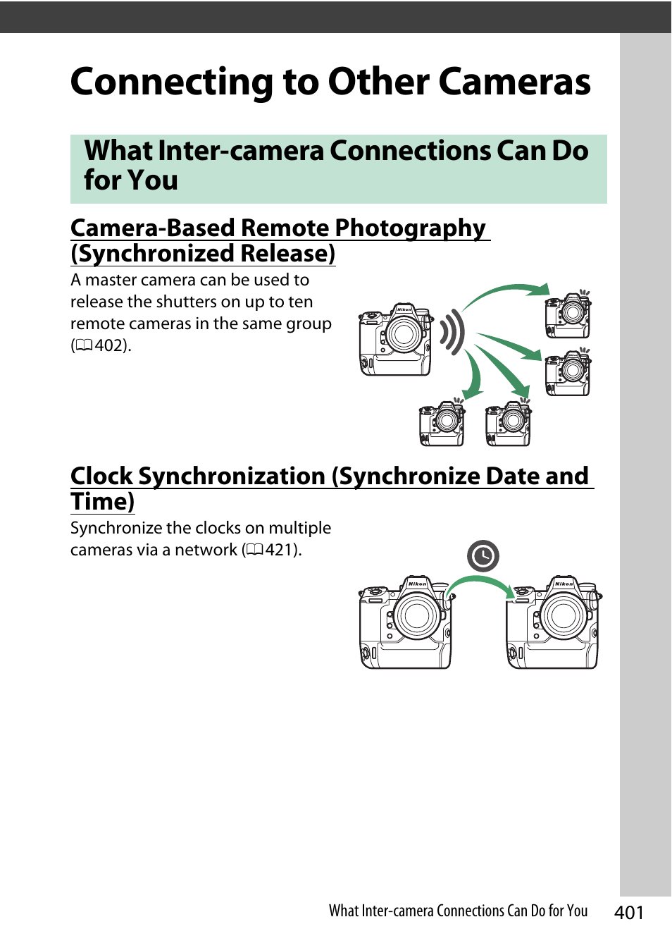 Connecting to other cameras, What inter-camera connections can do for you, Clock synchronization (synchronize date and time) | Nikon Z9 Mirrorless Camera User Manual | Page 401 / 914