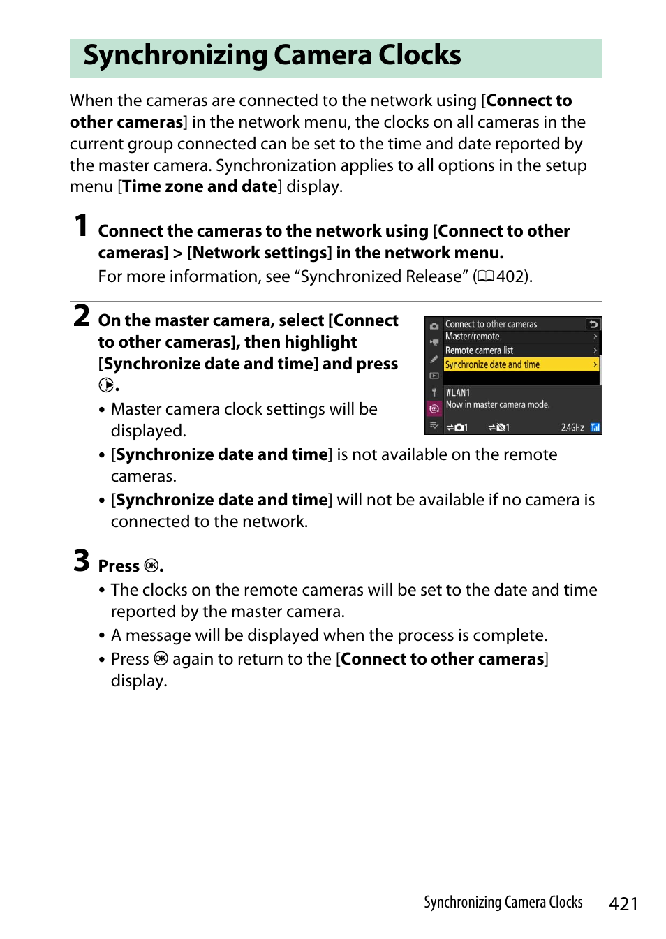 Synchronizing camera clocks, Ras via a network | Nikon Z9 Mirrorless Camera User Manual | Page 421 / 914