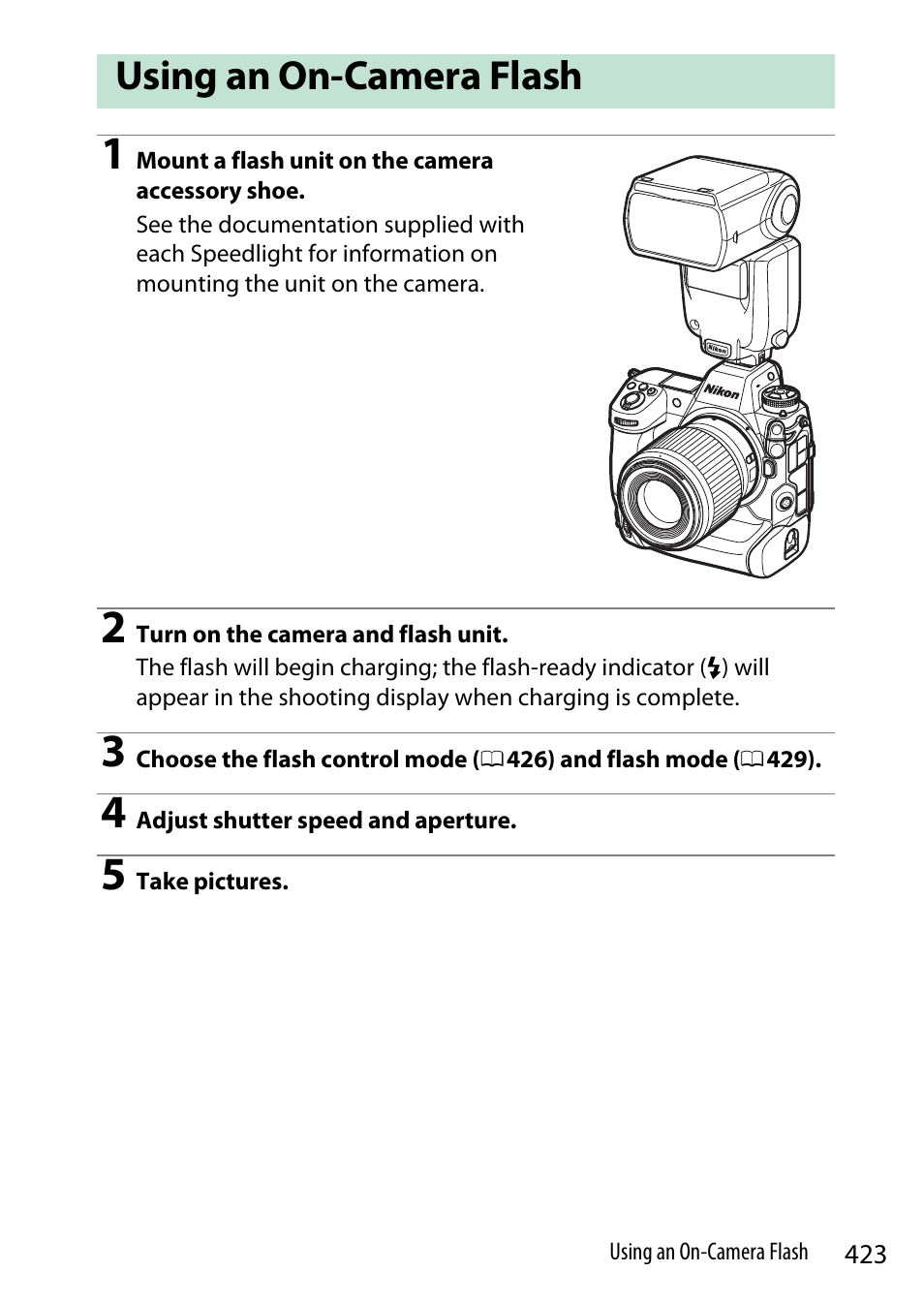 Using an on-camera flash | Nikon Z9 Mirrorless Camera User Manual | Page 423 / 914