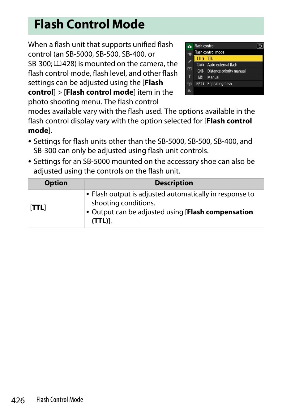 Flash control mode, 426) an | Nikon Z9 Mirrorless Camera User Manual | Page 426 / 914