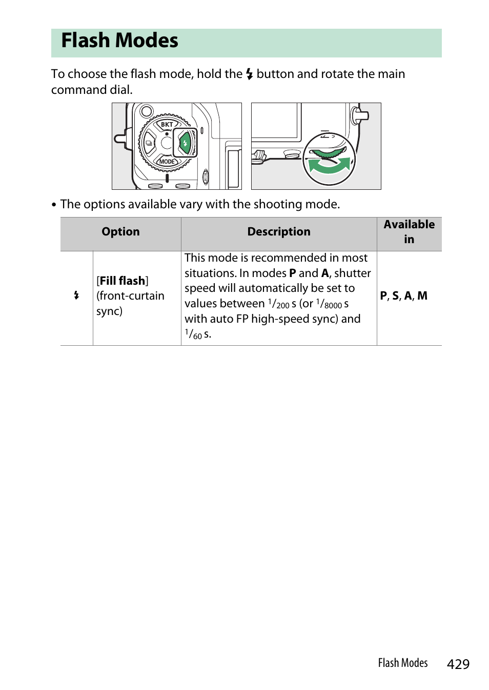 Flash modes | Nikon Z9 Mirrorless Camera User Manual | Page 429 / 914