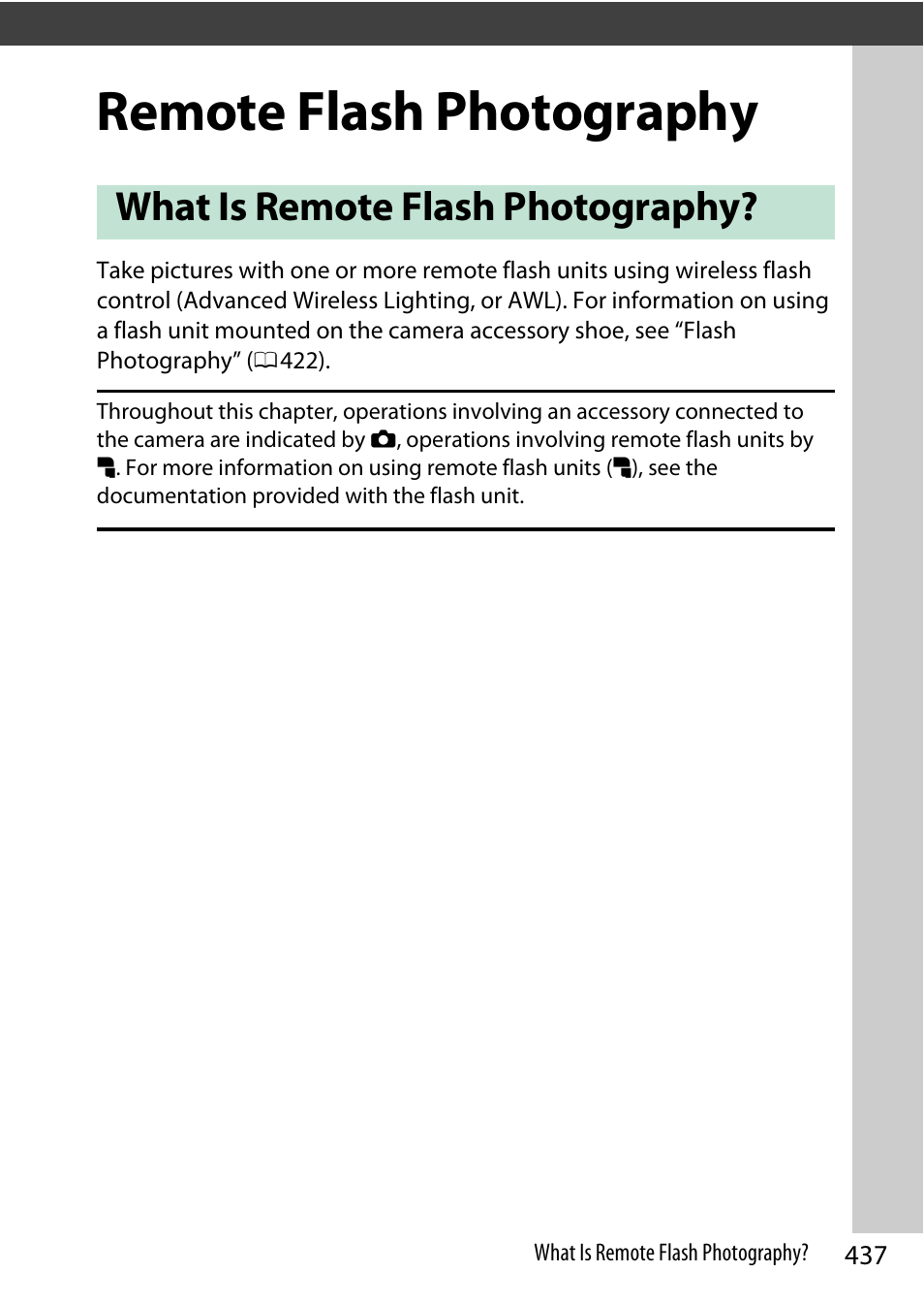 Remote flash photography, What is remote flash photography | Nikon Z9 Mirrorless Camera User Manual | Page 437 / 914