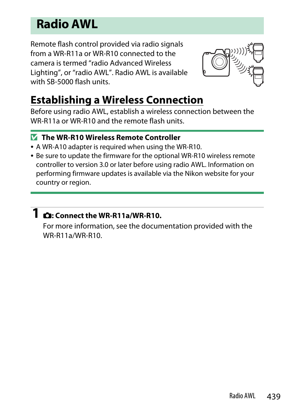 Radio awl, Establishing a wireless connection | Nikon Z9 Mirrorless Camera User Manual | Page 439 / 914