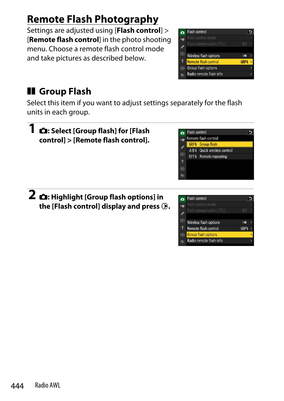 Remote flash photography, Group flash | Nikon Z9 Mirrorless Camera User Manual | Page 444 / 914