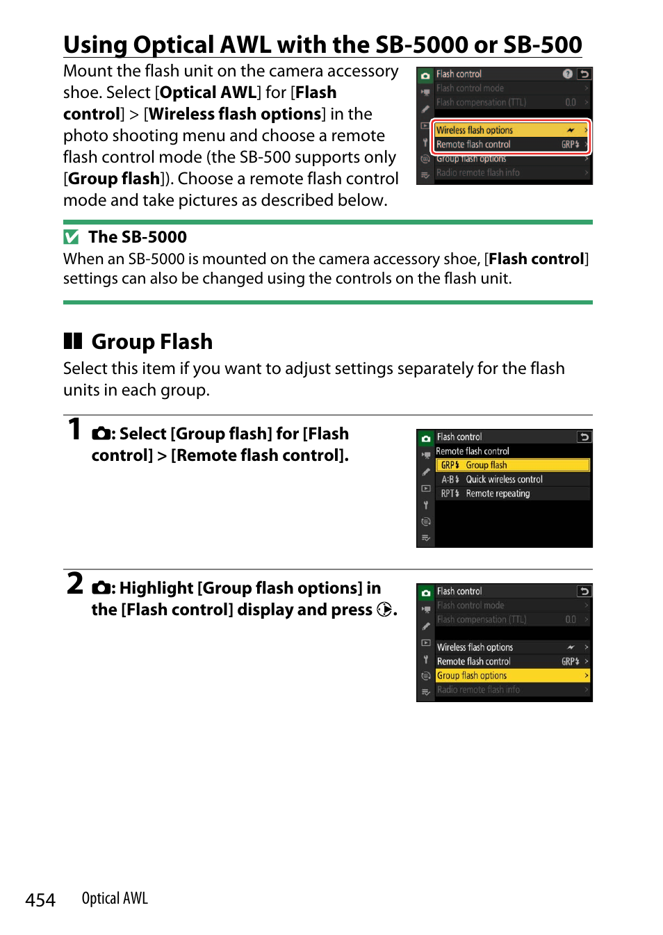 Using optical awl with the sb-5000 or sb-500, Group flash | Nikon Z9 Mirrorless Camera User Manual | Page 454 / 914