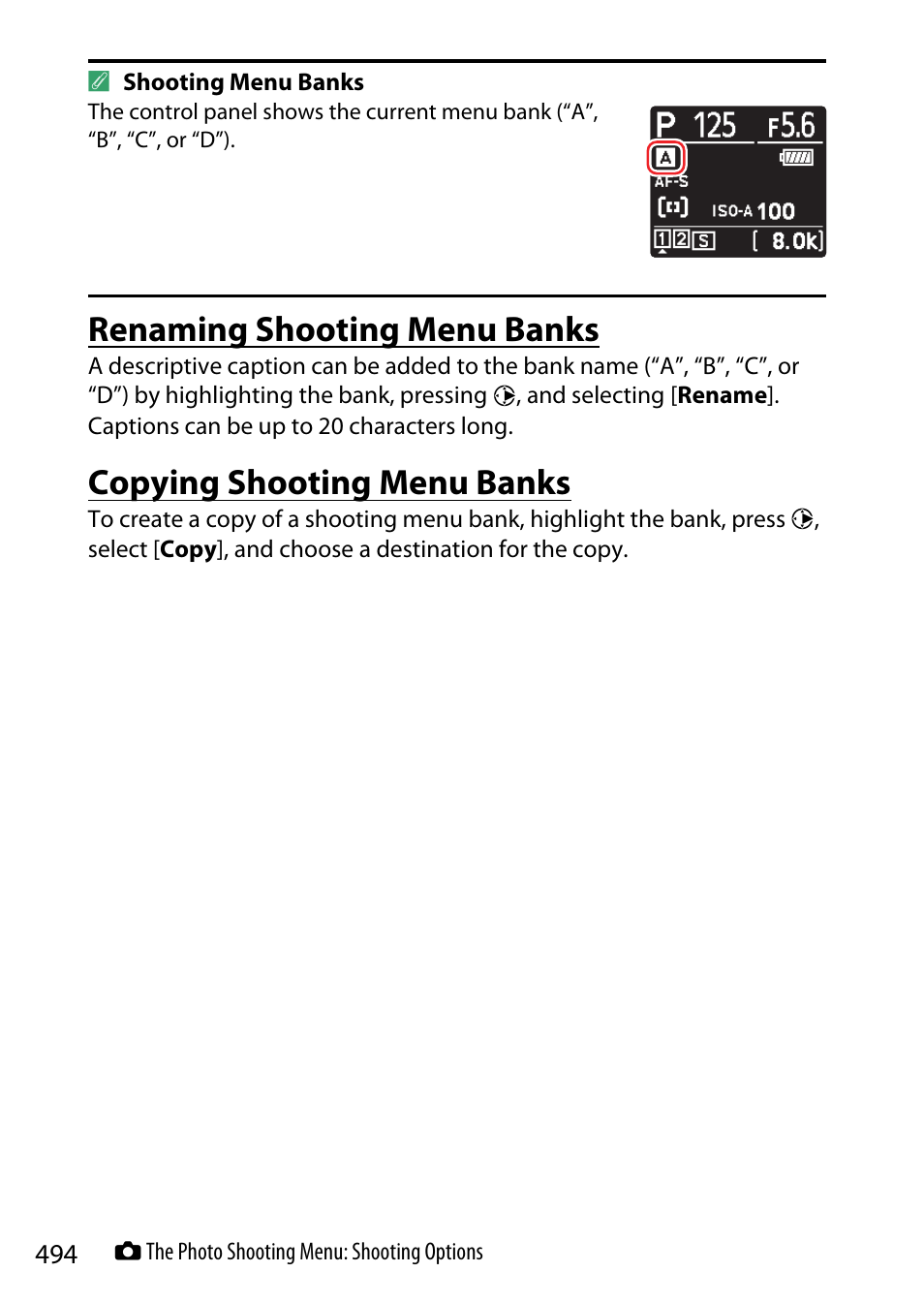 Renaming shooting menu banks, Copying shooting menu banks | Nikon Z9 Mirrorless Camera User Manual | Page 494 / 914