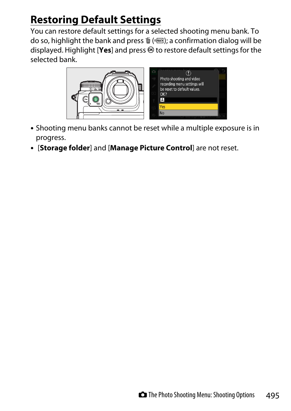 Restoring default settings | Nikon Z9 Mirrorless Camera User Manual | Page 495 / 914
