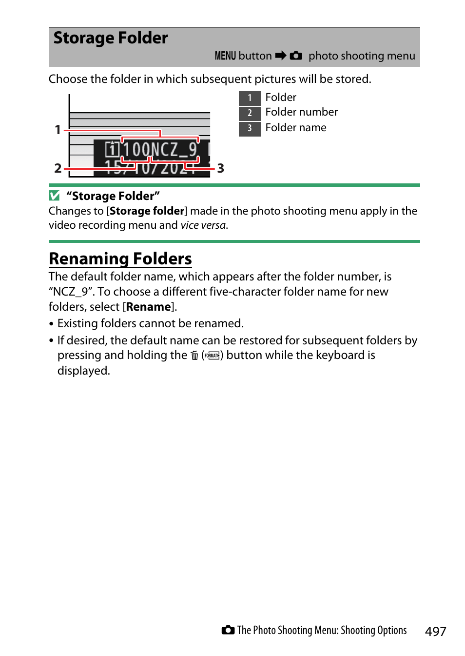 Storage folder, Renaming folders | Nikon Z9 Mirrorless Camera User Manual | Page 497 / 914