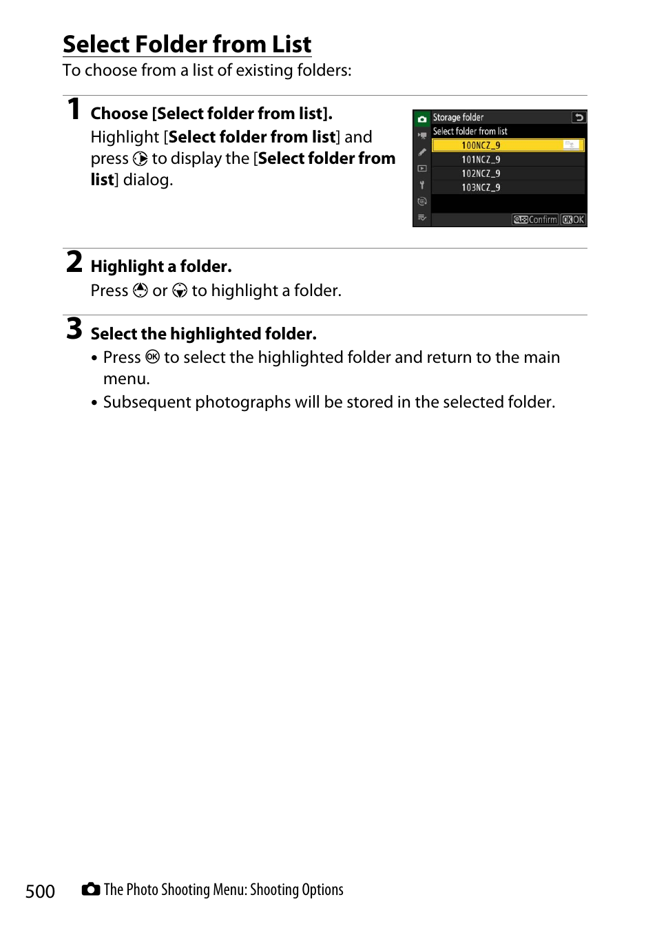 Select folder from list | Nikon Z9 Mirrorless Camera User Manual | Page 500 / 914