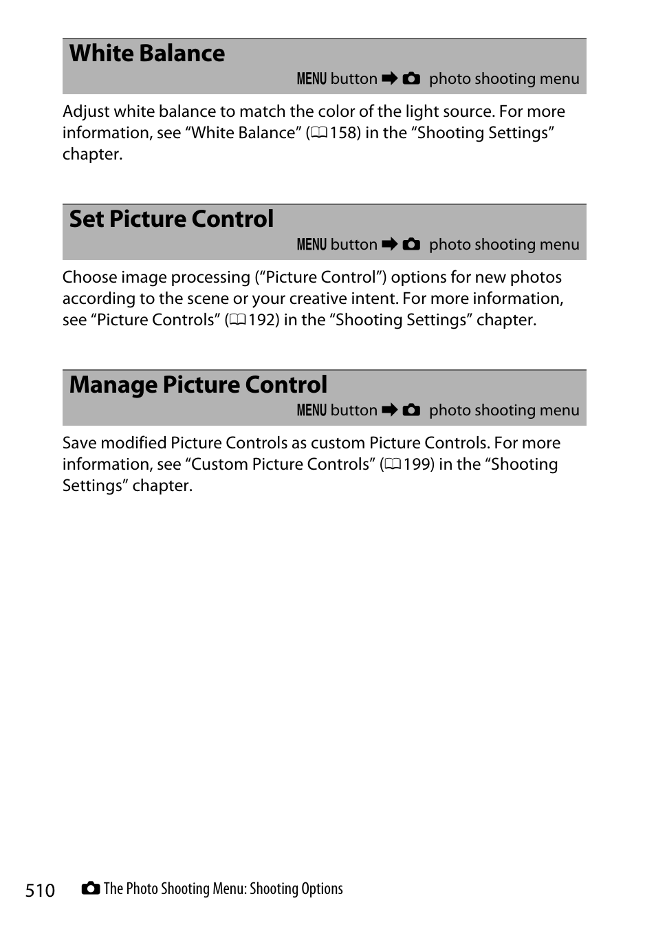 White balance, Set picture control, Manage picture control | Nikon Z9 Mirrorless Camera User Manual | Page 510 / 914