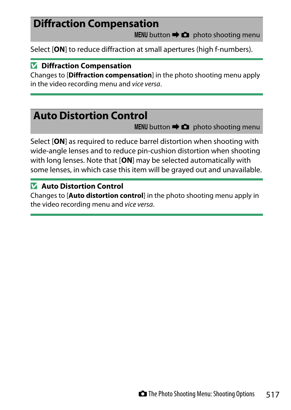 Diffraction compensation, Auto distortion control | Nikon Z9 Mirrorless Camera User Manual | Page 517 / 914