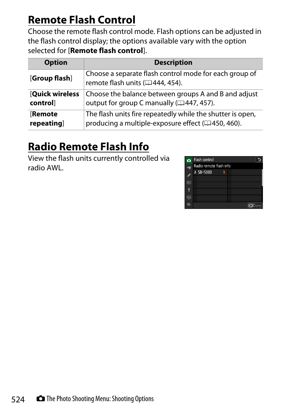 Remote flash control, Radio remote flash info | Nikon Z9 Mirrorless Camera User Manual | Page 524 / 914