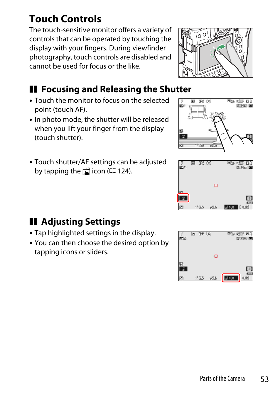 Touch controls, Focusing and releasing the shutter, Adjusting settings | Nikon Z9 Mirrorless Camera User Manual | Page 53 / 914