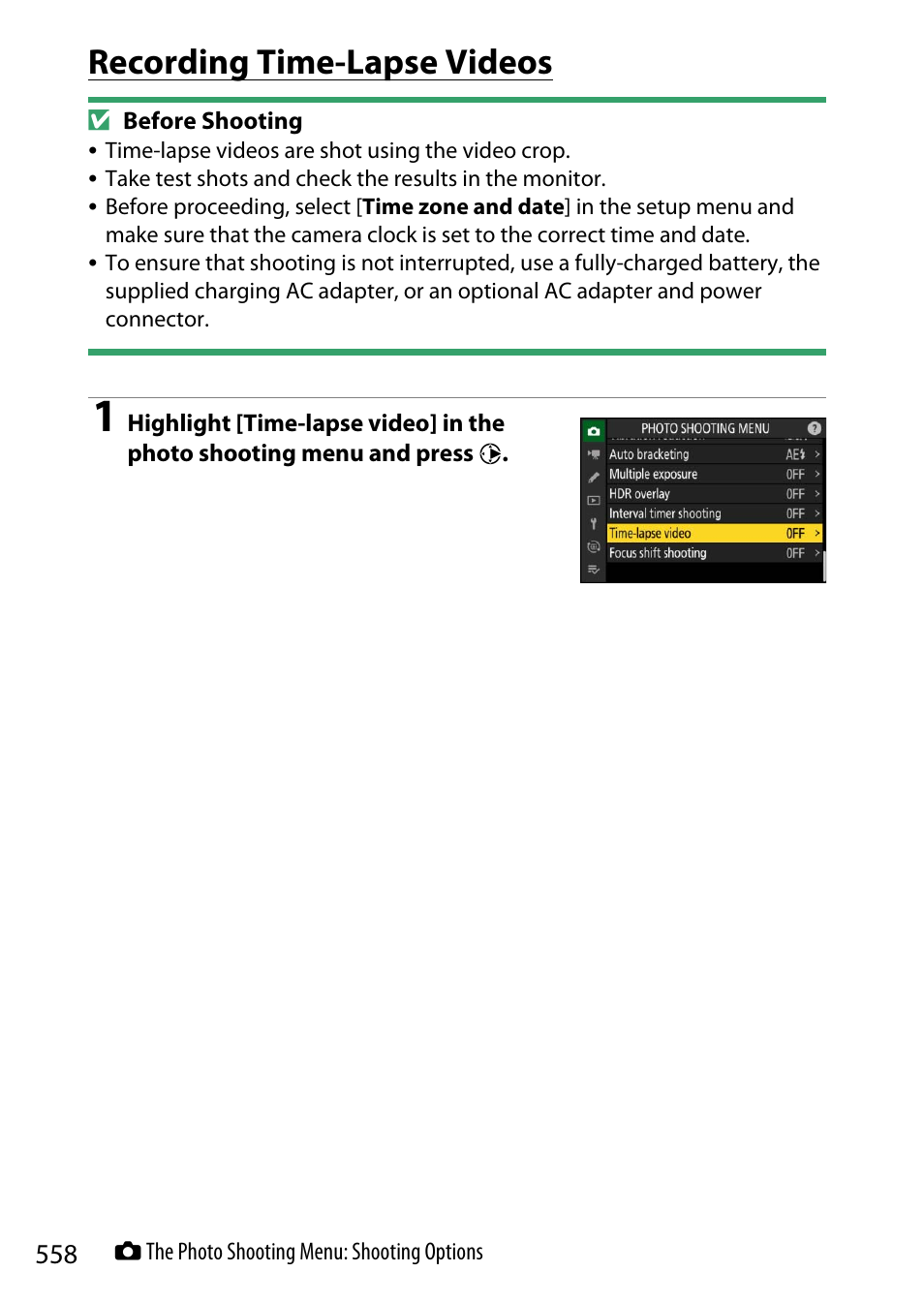 Recording time-lapse videos | Nikon Z9 Mirrorless Camera User Manual | Page 558 / 914