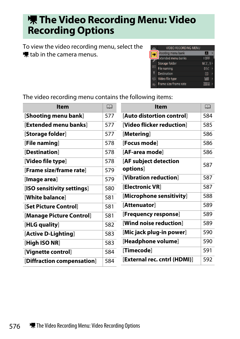 The video recording menu: video recording options | Nikon Z9 Mirrorless Camera User Manual | Page 576 / 914