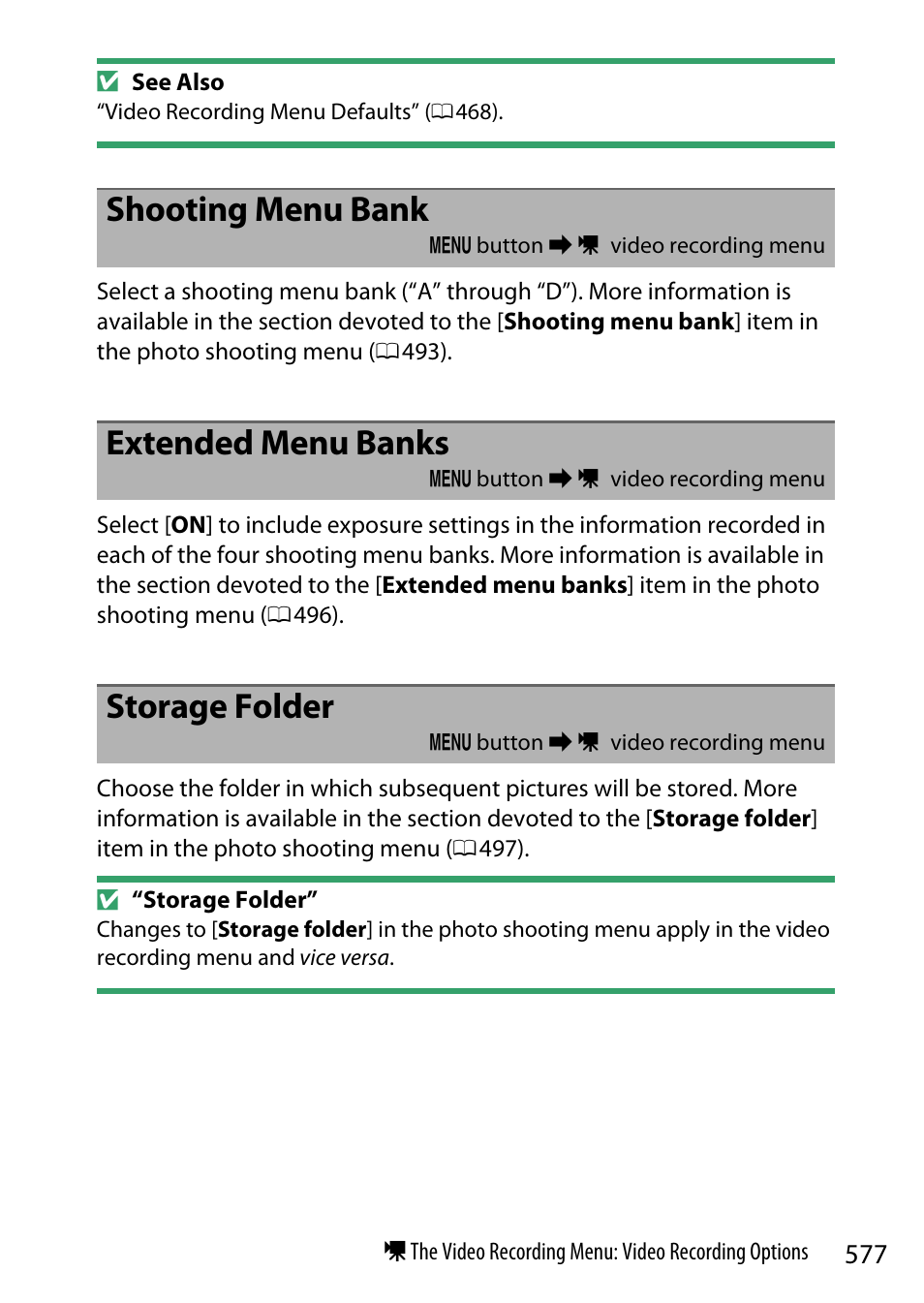 Shooting menu bank, Extended menu banks, Storage folder | Nikon Z9 Mirrorless Camera User Manual | Page 577 / 914