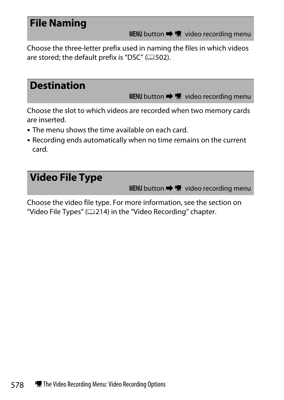 File naming, Destination, Video file type | Nikon Z9 Mirrorless Camera User Manual | Page 578 / 914