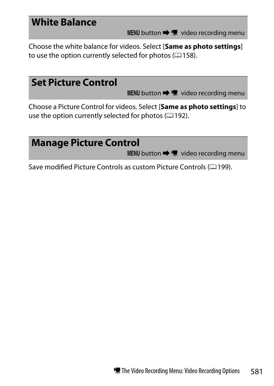 White balance, Set picture control, Manage picture control | Nikon Z9 Mirrorless Camera User Manual | Page 581 / 914