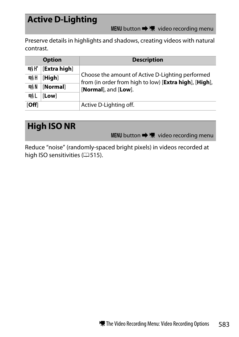 Active d-lighting, High iso nr | Nikon Z9 Mirrorless Camera User Manual | Page 583 / 914
