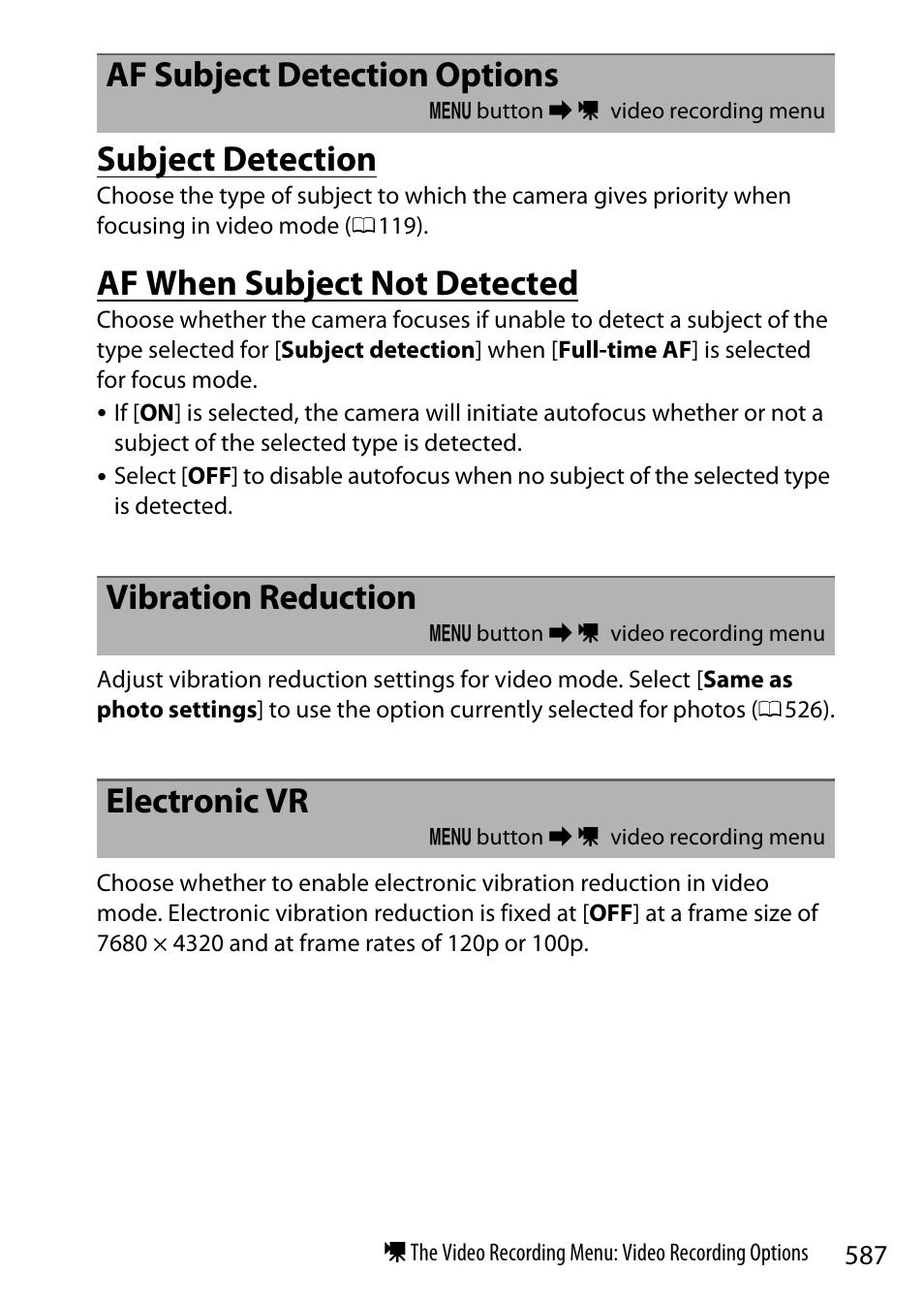 Af subject detection options, Subject detection, Af when subject not detected | Vibration reduction, Electronic vr | Nikon Z9 Mirrorless Camera User Manual | Page 587 / 914