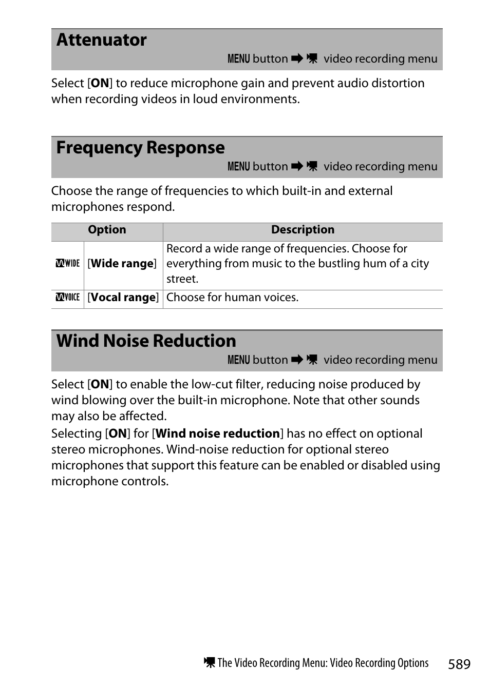 Attenuator, Frequency response, Wind noise reduction | Nikon Z9 Mirrorless Camera User Manual | Page 589 / 914