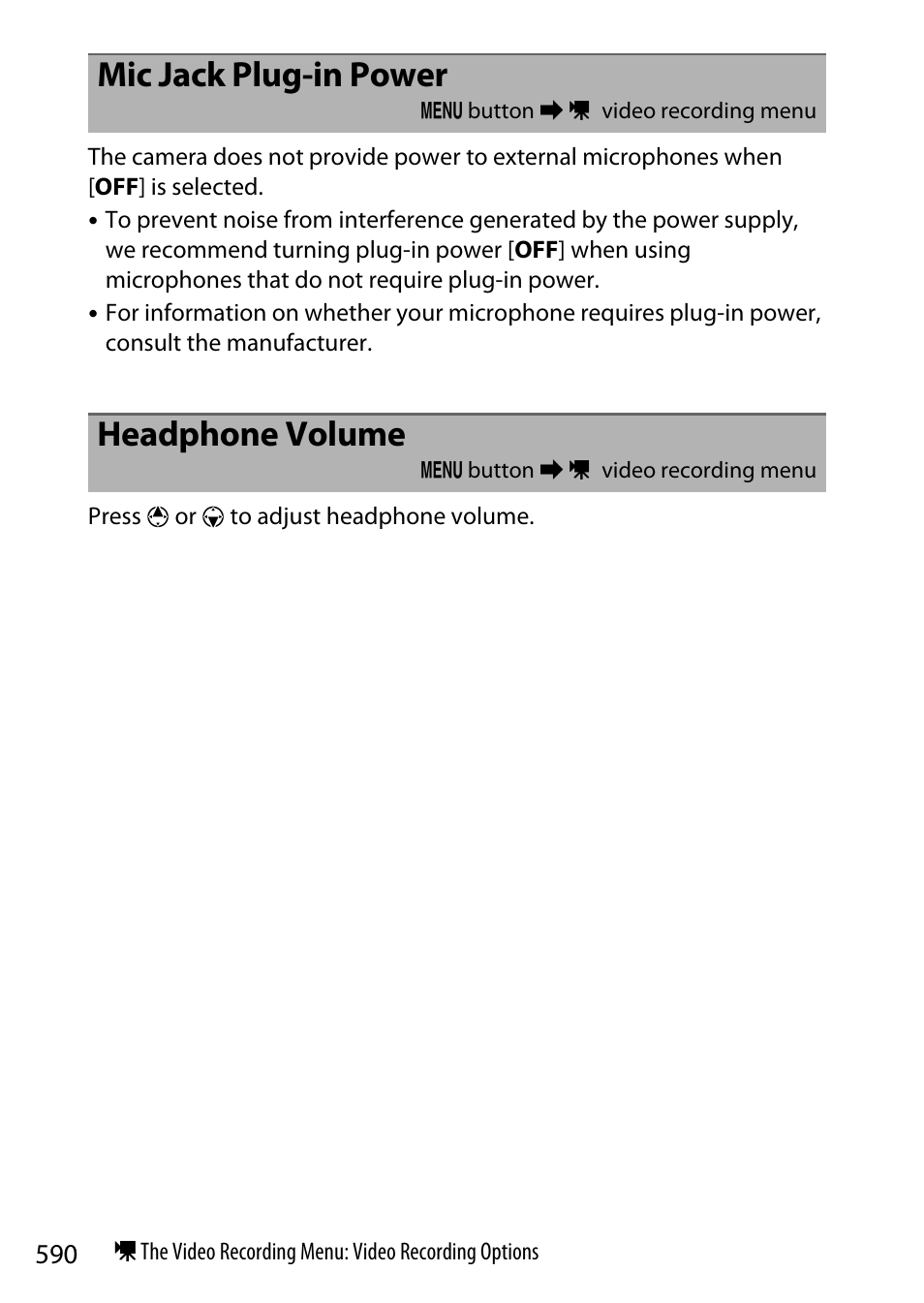 Mic jack plug-in power, Headphone volume | Nikon Z9 Mirrorless Camera User Manual | Page 590 / 914
