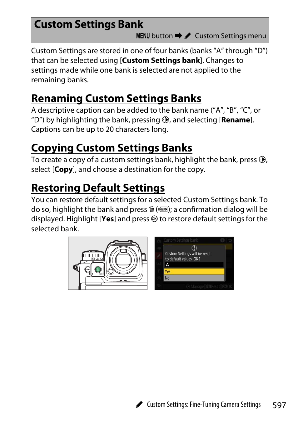 Custom settings bank, Renaming custom settings banks, Copying custom settings banks | Restoring default settings | Nikon Z9 Mirrorless Camera User Manual | Page 597 / 914