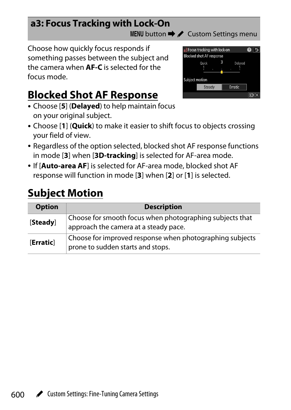 A3: focus tracking with lock-on, Blocked shot af response, Subject motion | Nikon Z9 Mirrorless Camera User Manual | Page 600 / 914
