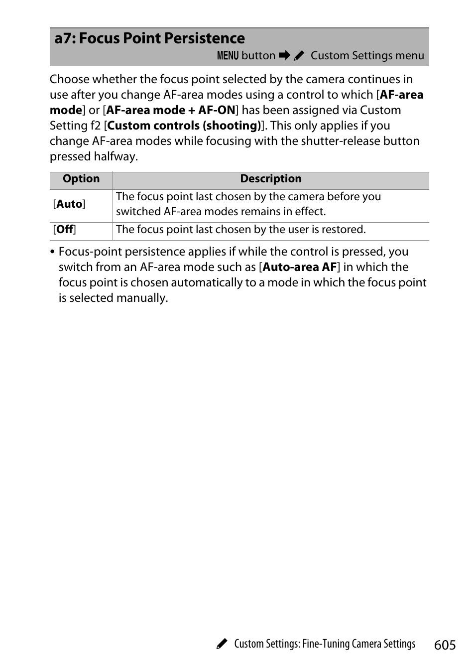A7: focus point persistence | Nikon Z9 Mirrorless Camera User Manual | Page 605 / 914