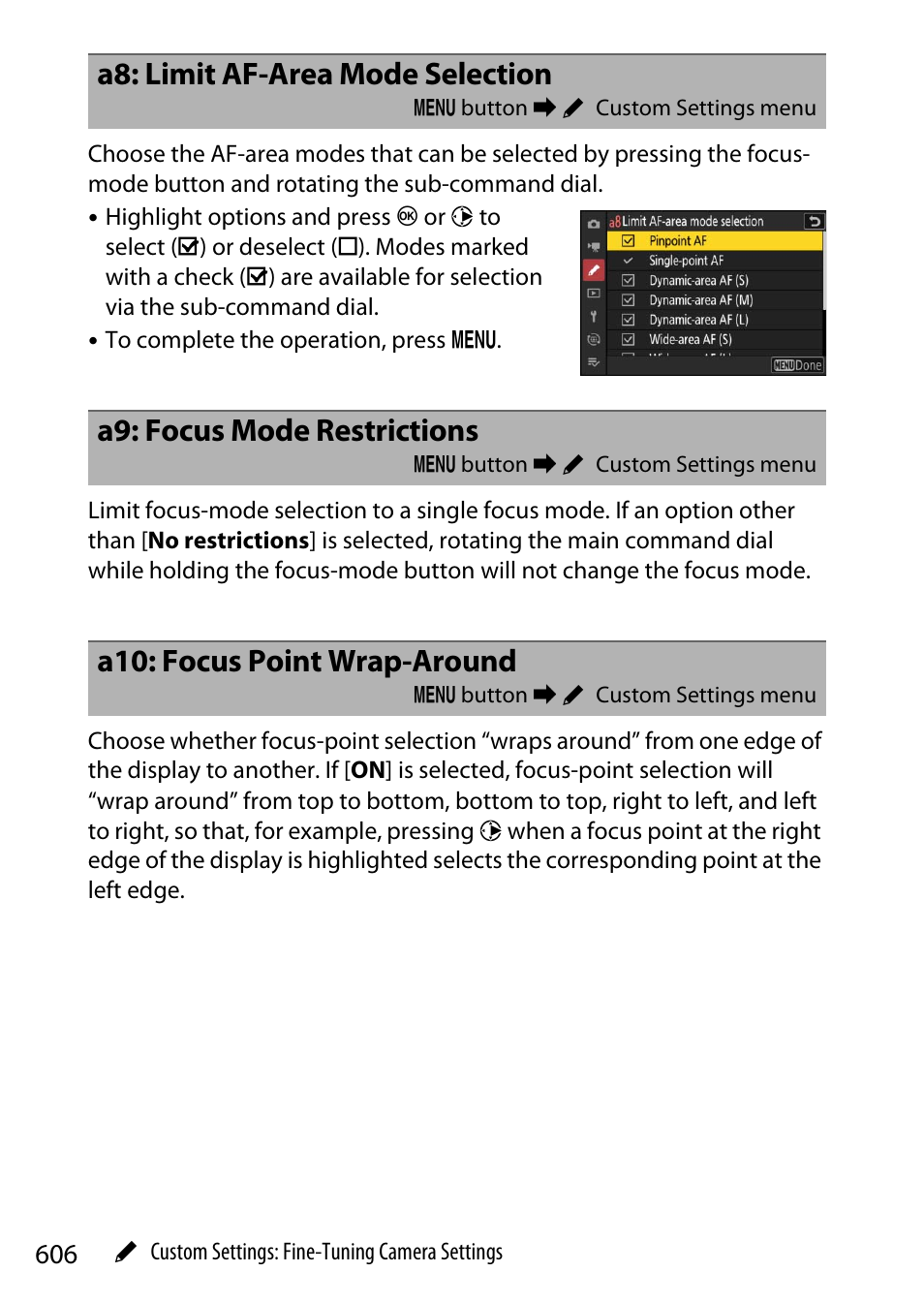 A8: limit af-area mode selection, A9: focus mode restrictions, A10: focus point wrap-around | Nikon Z9 Mirrorless Camera User Manual | Page 606 / 914