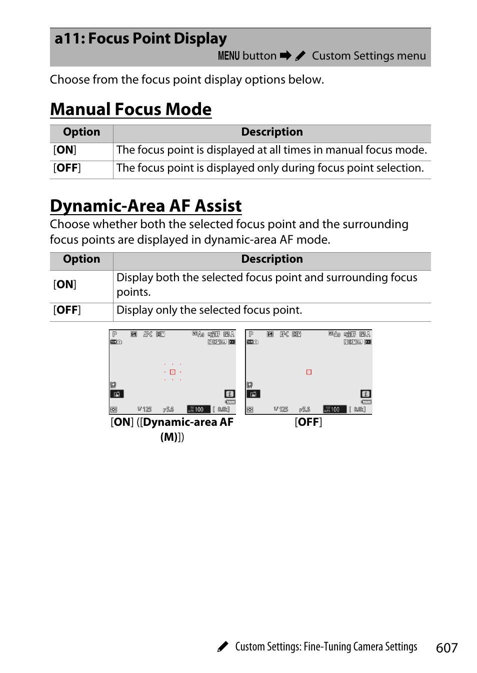 A11: focus point display, Manual focus mode, Dynamic-area af assist | Manual focus mode dynamic-area af assist | Nikon Z9 Mirrorless Camera User Manual | Page 607 / 914