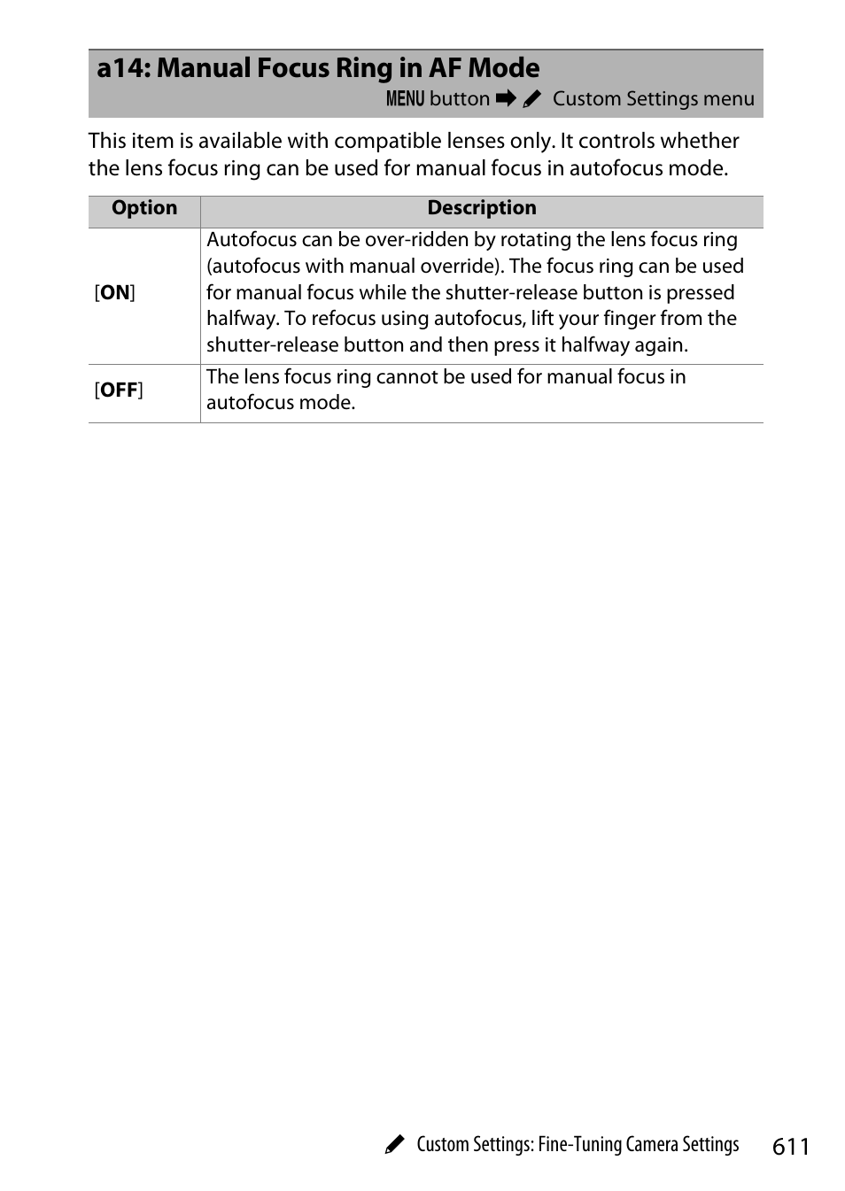 A14: manual focus ring in af mode | Nikon Z9 Mirrorless Camera User Manual | Page 611 / 914