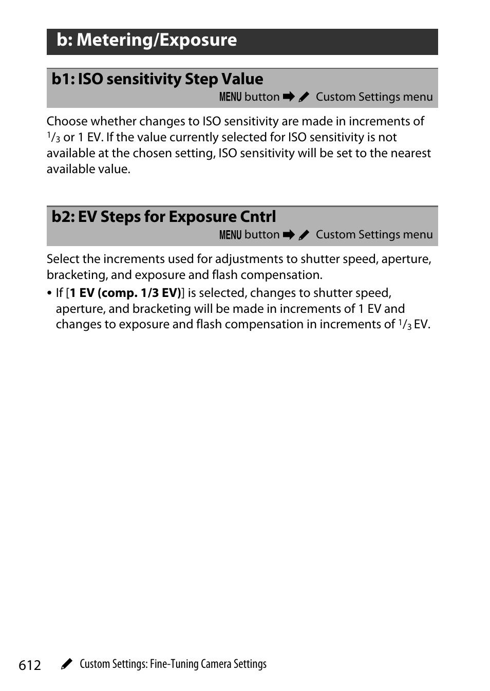 B: metering/exposure, B1: iso sensitivity step value, B2: ev steps for exposure cntrl | Nikon Z9 Mirrorless Camera User Manual | Page 612 / 914