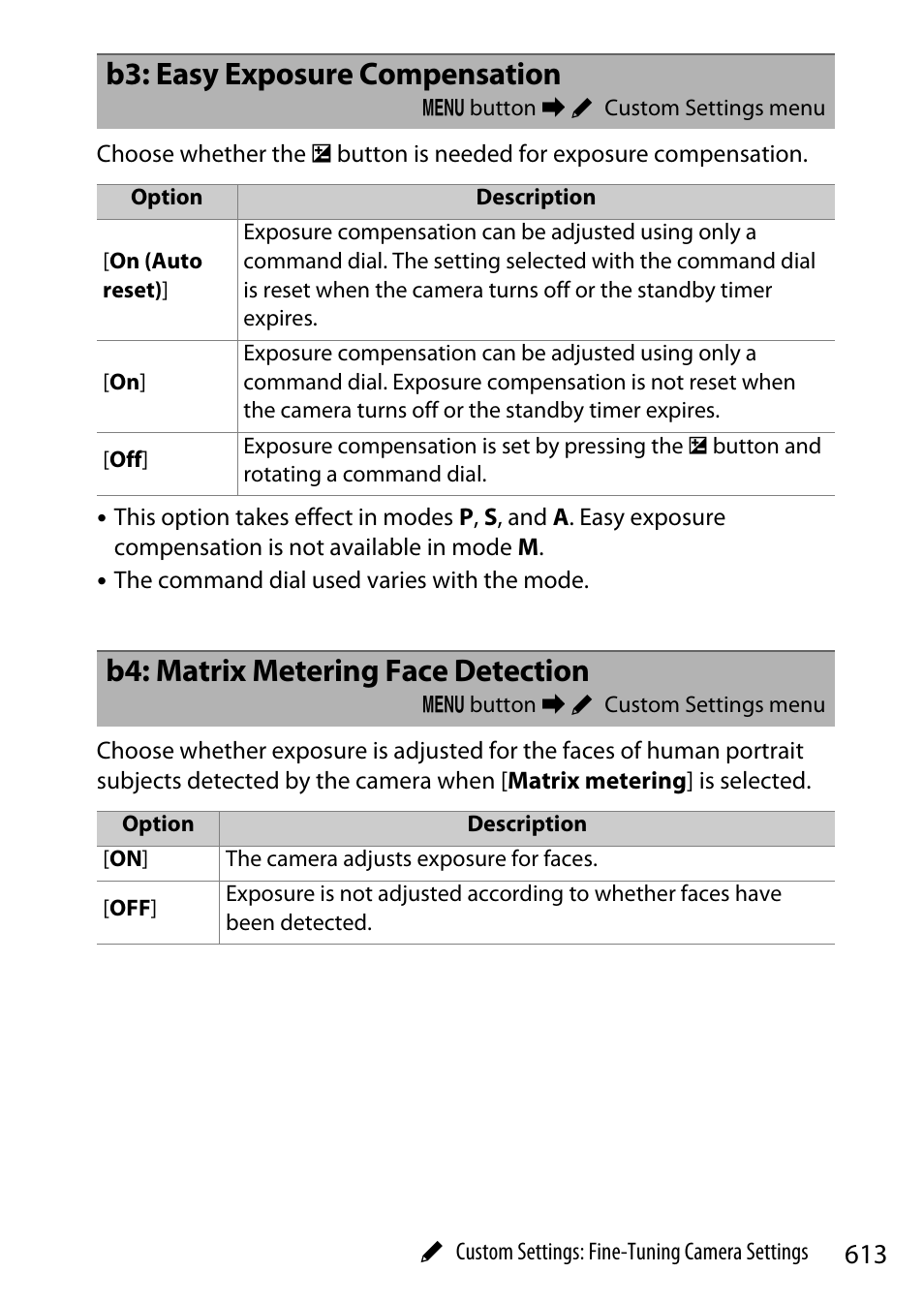 B3: easy exposure compensation, B4: matrix metering face detection | Nikon Z9 Mirrorless Camera User Manual | Page 613 / 914