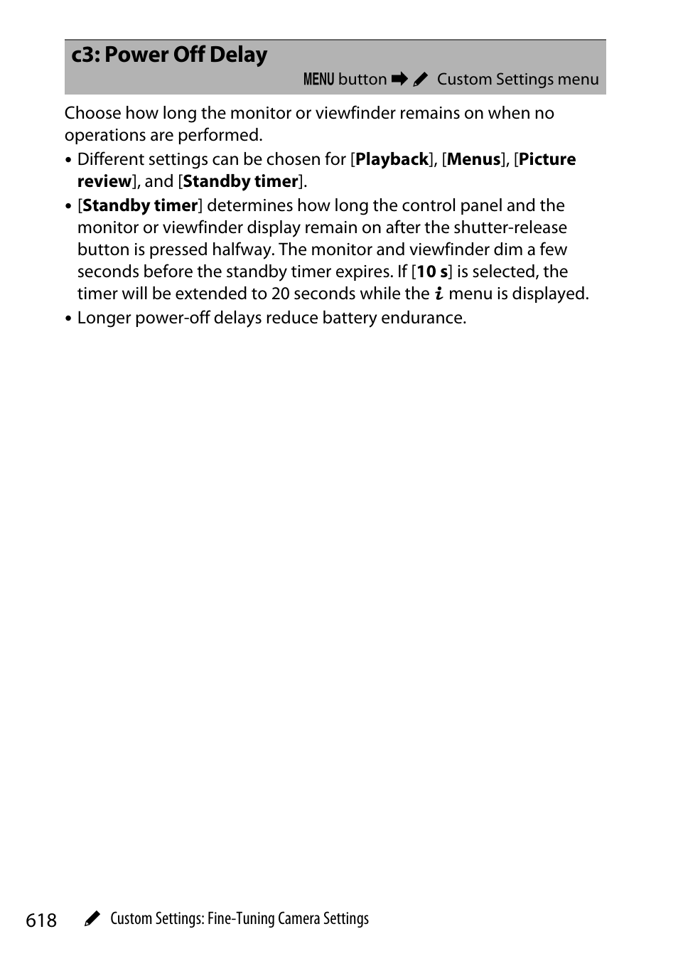 C3: power off delay | Nikon Z9 Mirrorless Camera User Manual | Page 618 / 914