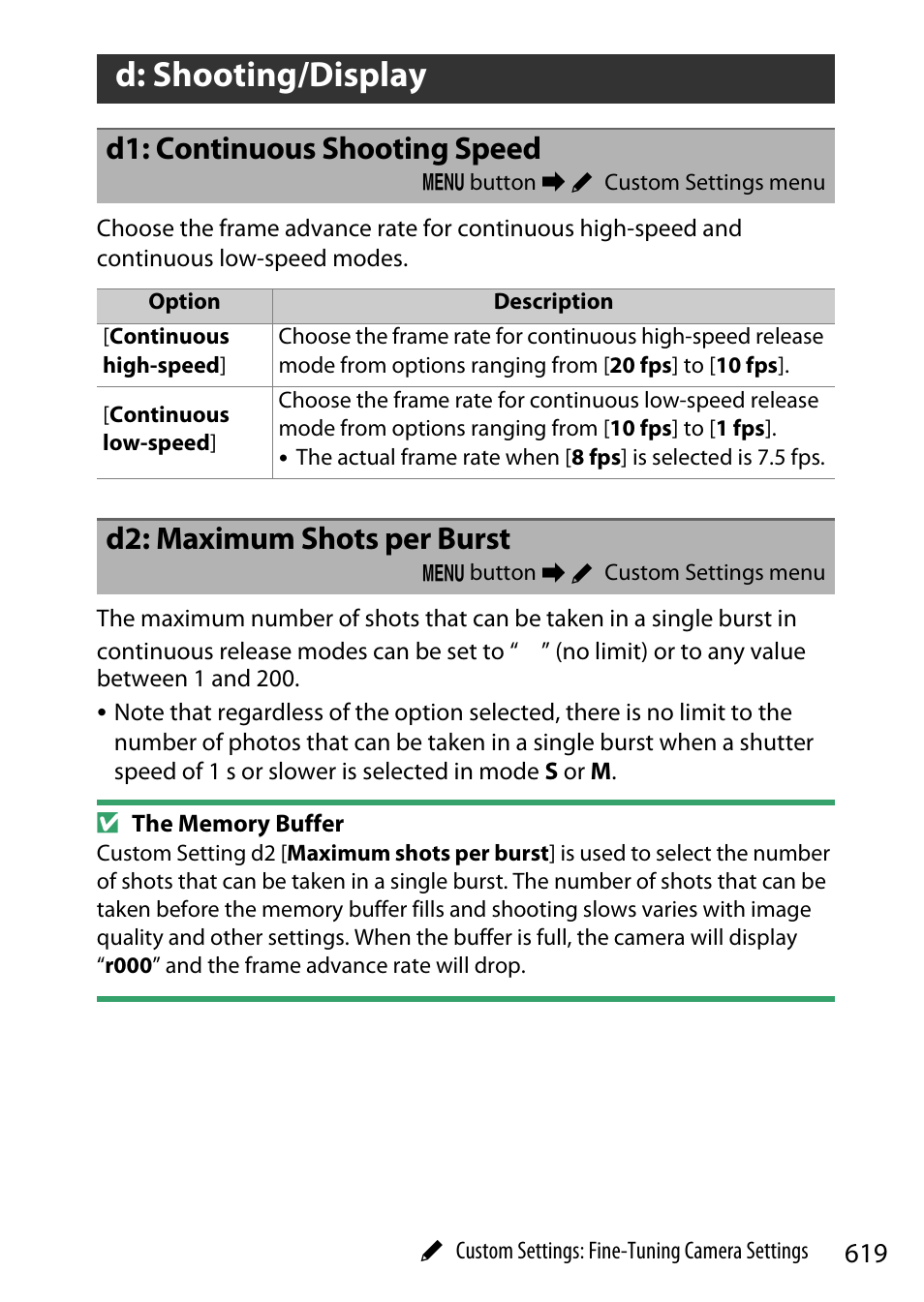 D: shooting/display, D1: continuous shooting speed, D2: maximum shots per burst | Nikon Z9 Mirrorless Camera User Manual | Page 619 / 914