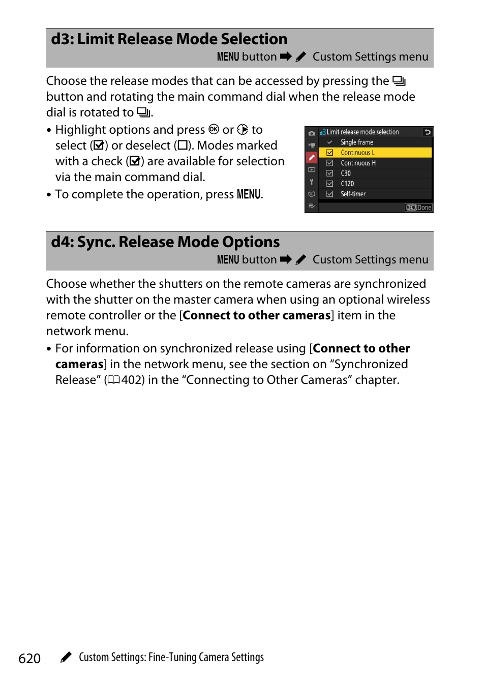 D3: limit release mode selection, D4: sync. release mode options | Nikon Z9 Mirrorless Camera User Manual | Page 620 / 914