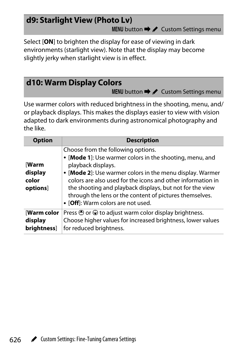 D9: starlight view (photo lv), D10: warm display colors | Nikon Z9 Mirrorless Camera User Manual | Page 626 / 914