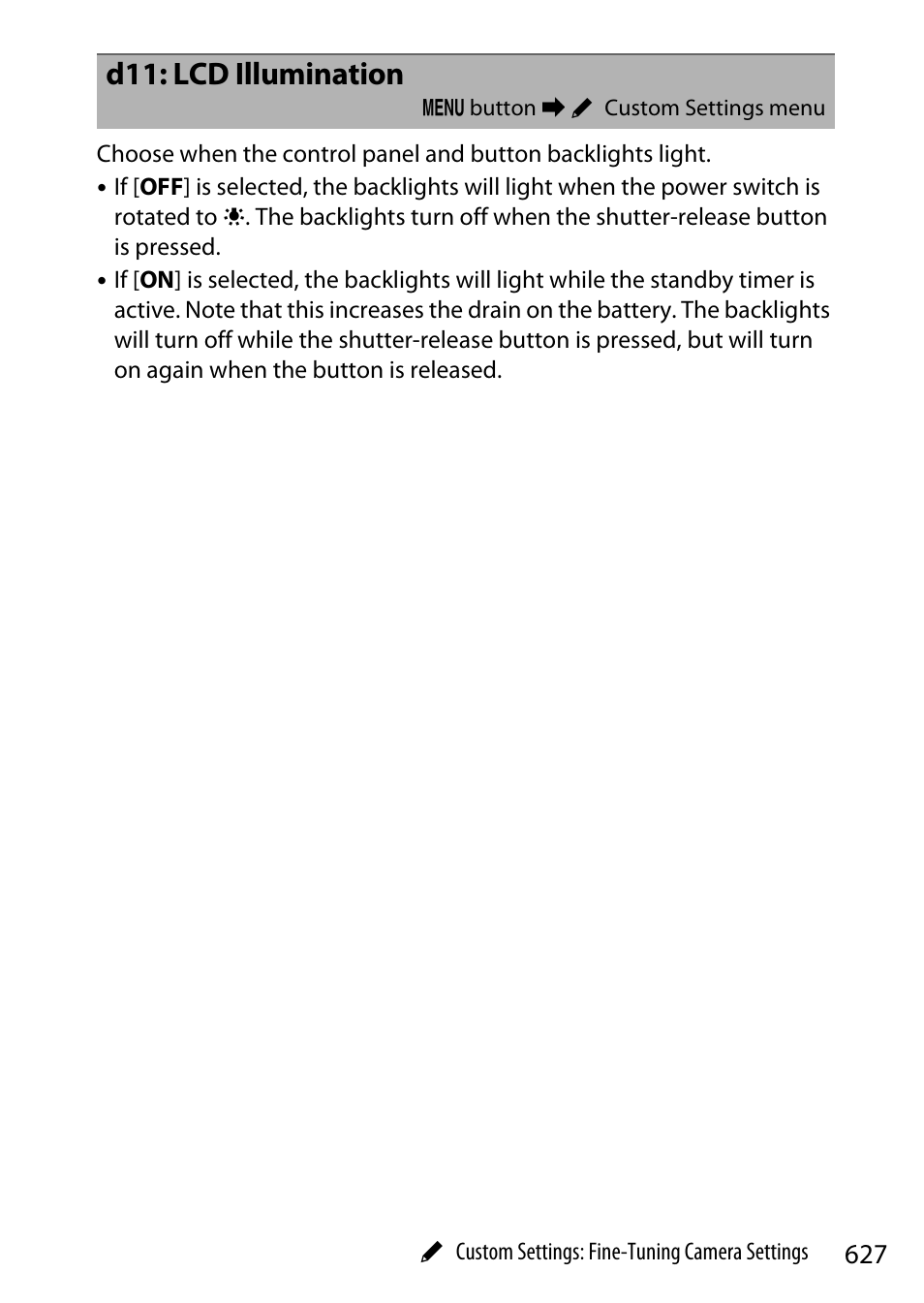 D11: lcd illumination | Nikon Z9 Mirrorless Camera User Manual | Page 627 / 914