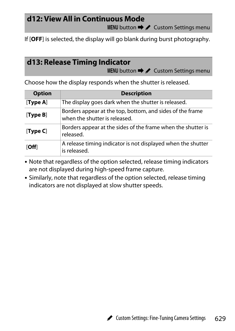 D12: view all in continuous mode, D13: release timing indicator | Nikon Z9 Mirrorless Camera User Manual | Page 629 / 914